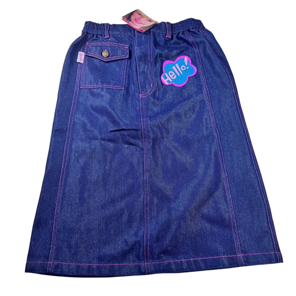 Vintage 2001 Barbie Mattel Denim Skirt Pink Stitching Hello Graphic NWT 160/61
